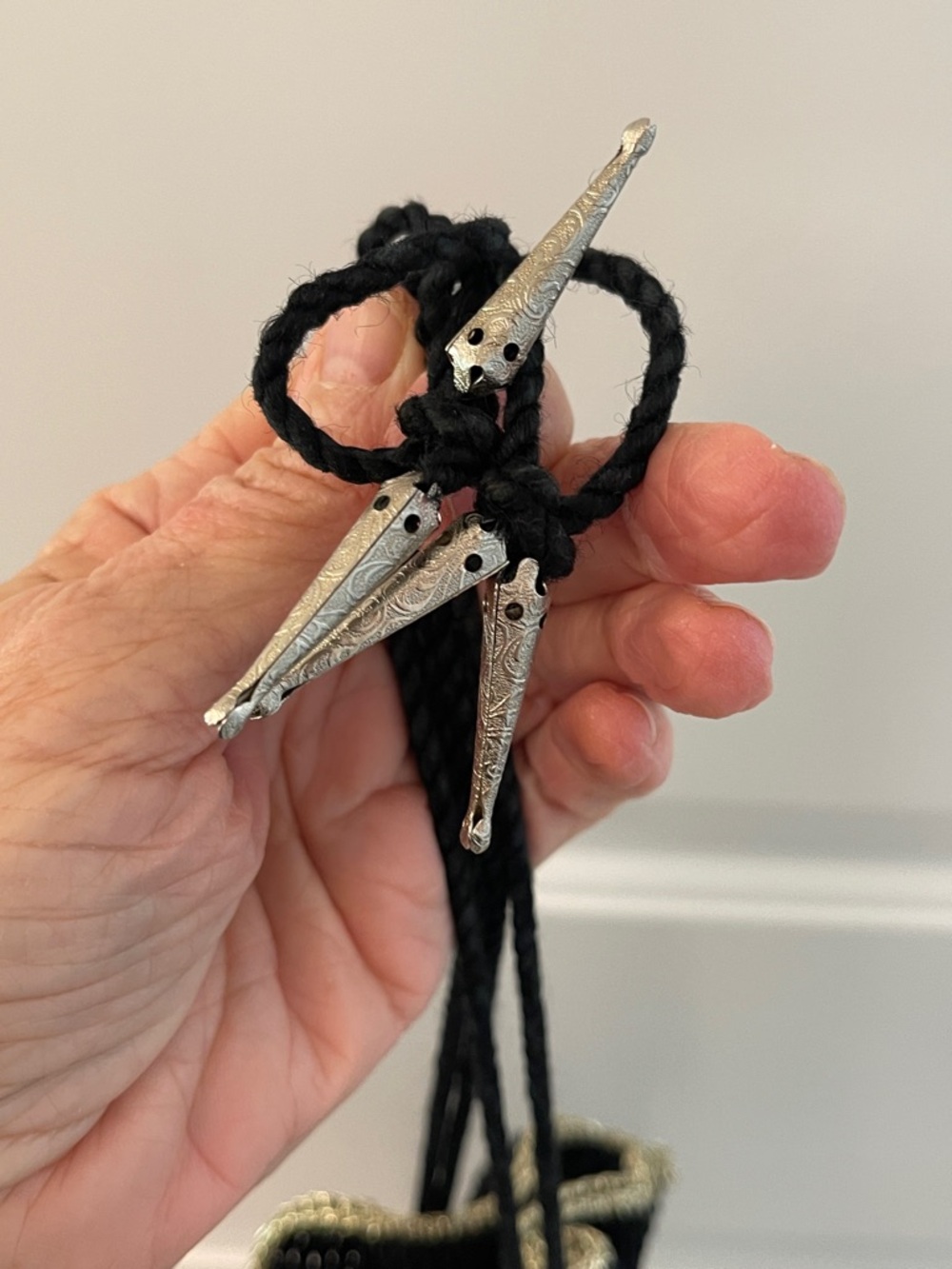 Boho Macramé Black Beaded Fringe Drawstring Satchel / resin bottom - Picture 3 of 13